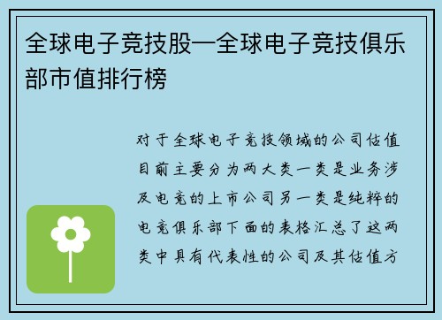 全球电子竞技股—全球电子竞技俱乐部市值排行榜