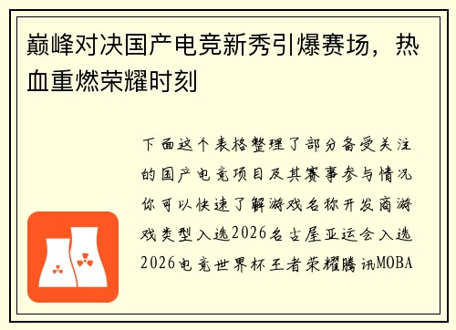巅峰对决国产电竞新秀引爆赛场，热血重燃荣耀时刻